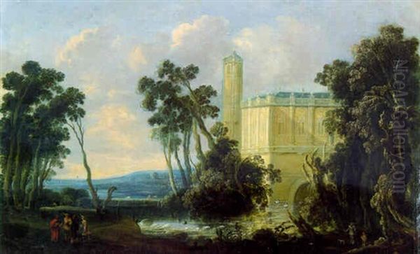 An Extensive Landscape With A Moated Castle And Figures On A Path Oil Painting by Jacob van Geel