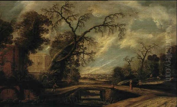 Extensive Landscape With Figures By A Bridge Oil Painting by Jacob van Geel