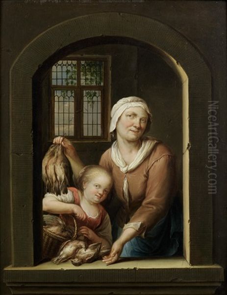 A Woman And Child With Birds, At An Arch Oil Painting by Joost van Geel