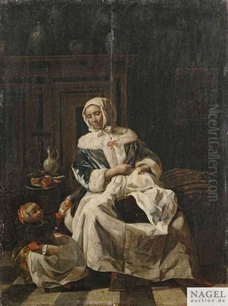 Mutter Und Tochter In Niederlandischem Stubeninterieur Oil Painting by Joost van Geel