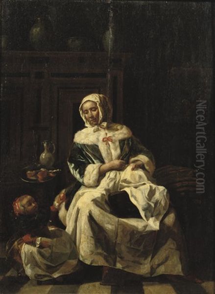 A Woman Seated In A Chair Sawing Oil Painting by Joost van Geel