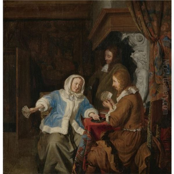 A Couple Playing Cards In An Interior, Observed By A Second Man Oil Painting by Joost van Geel