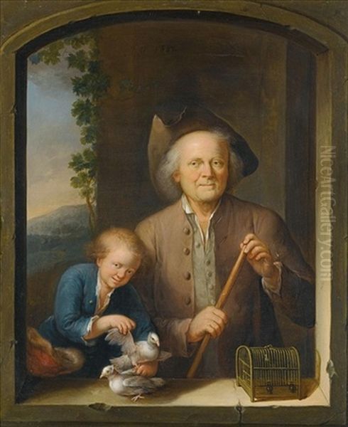 An Elderly Gentleman And A Young Boy In An Archway, Together With Two Doves And A Bird Cage Oil Painting by Joost van Geel