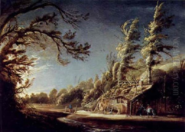 Bewaldete Fluslandschaft Mit Einer Hutte Und Bauern Oil Painting by Joost van Geel