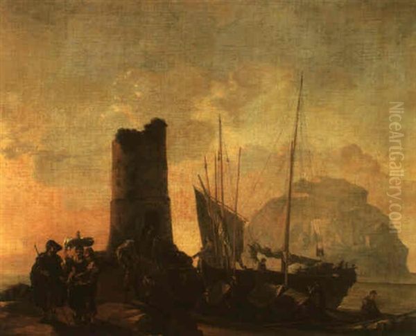 Peddler Selling His Wares While Fishermen Unload Ships Behind Oil Painting by Joost van Geel