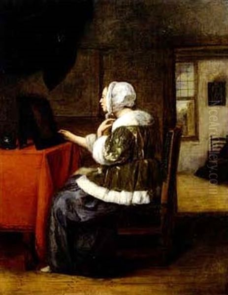 A Lady Seated Before Her Mirror In An Interior, A           View To Another Room Beyond Oil Painting by Joost van Geel