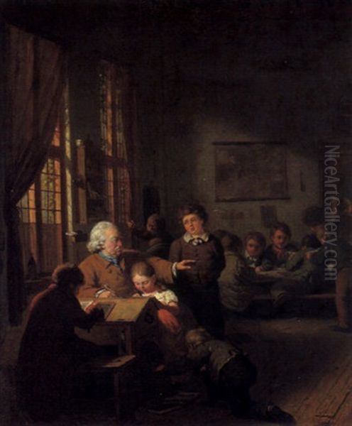 Ein Klassenzimmer Mit Einem Lehrer, Der Einen Schuler Ermahnt Oil Painting by Christian van Geelen