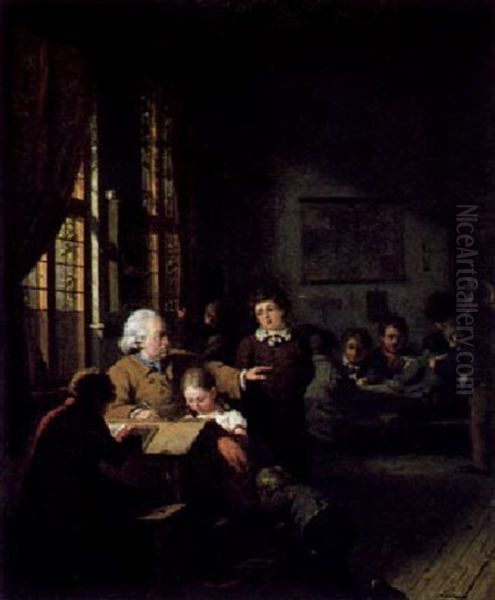 Ein Klassenzimmer Mit Einem Lehrer, Der Einen Schuler Ermahnt Oil Painting by Christian van Geelen