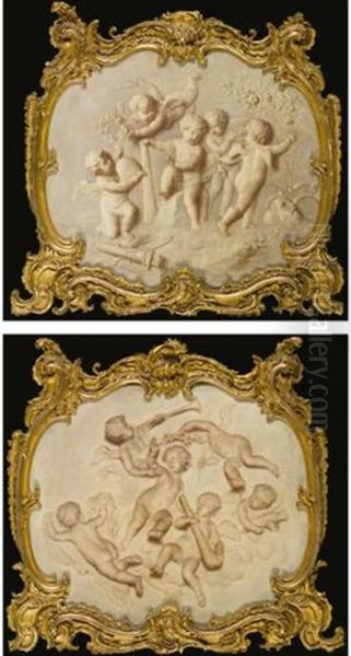 The Infant Hercules With Putti Carrying Musical Instruments, A Quiver And A Laurel Wreath; The Infant Hercules With Putti Carrying A Helmet And A Laurel Wreath, With Flowers, A Quiver And An Antique Mask (pair) Oil Painting by Marten Jozef Geeraerts