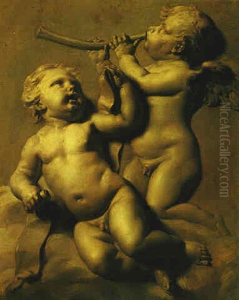 Two Putti Making Music Oil Painting by Marten Jozef Geeraerts