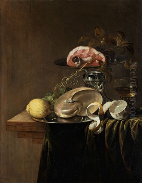 Grosses Prunkstillleben Mit Nautilusmuschel, Zitronen Und Schinkenstuck In Einer Tazza Oil Painting by Jasper Geerards