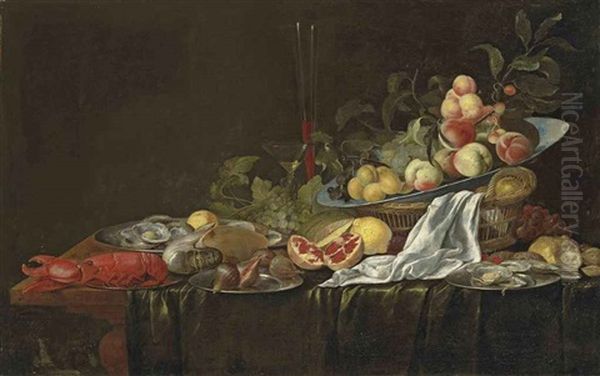 A Lobster, A Nautilus, Figs, Oysters, A Split Pomegranate, A Porcelain Bowl With Plums, Peaches And Grapes In A Basket, Glasses And A White Cloth, On... Oil Painting by Jasper Geerards