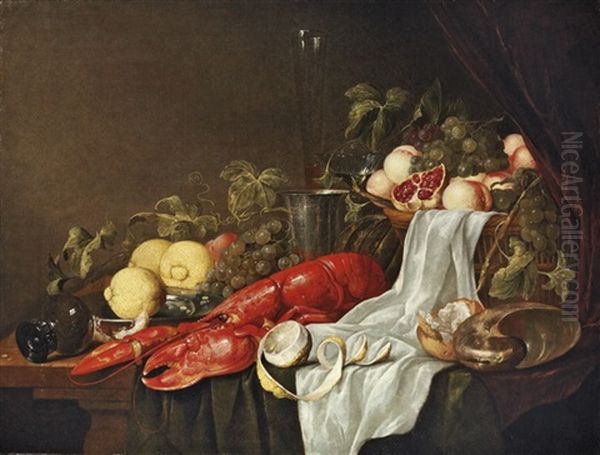 A Lobster, A Partly-peeled Lemon, A Basket Of Fruit Oil Painting by Jasper Geerards