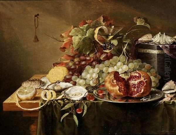 Lemons, Oysters, Grapes, A Pomegranate On A Silver Plate With Shells On A Velvet Box On A Table Draped With A Green Cloth Oil Painting by Jasper Geerards