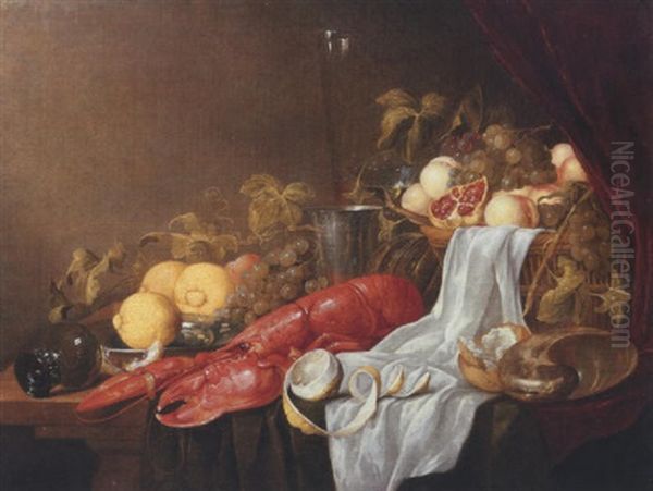 A Pronk Still Life Of A Roemer, A Partly Peeled Lemon, A Lobster, A Lemon On A Pewter Plate, A Peach, Grapes And Others On A Draped Wooden Table Oil Painting by Jasper Geerards