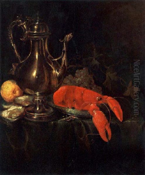 A Still Life With A Silver Ewer, A Lobster On A Porcelain Plate, Shrimps, Oysters, A Lemon, And Grapes by Jasper Geerards