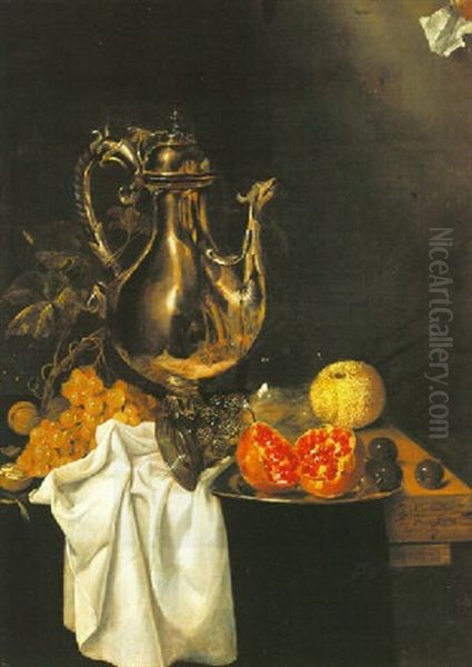 A Still Life With A Silver Ewer, A Pomegranate On A Pewter Plate, An Overturned Roemer And Grapes, All On A Wooden Table Oil Painting by Jasper Geerards