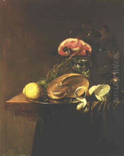 Still Life Of A Nautilus Shell, A Leg Of Lam On A Tazza, A Roemer, A Bunch Of Grapes And A Peeled Lemon On A Table Oil Painting by Jasper Geerards