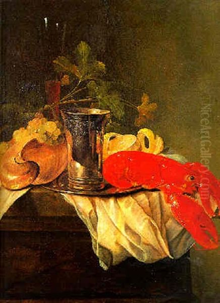 Grapes, A  Nautillus Shell, A Flute, A Silver Beaker On A Plate, A Peeled Lemo And A Lobster On A Draped Table Oil Painting by Jasper Geerards