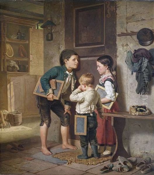 Heimkehrende Schulkinder Lauschen An Der Stubentur Oil Painting by Julius Geertz