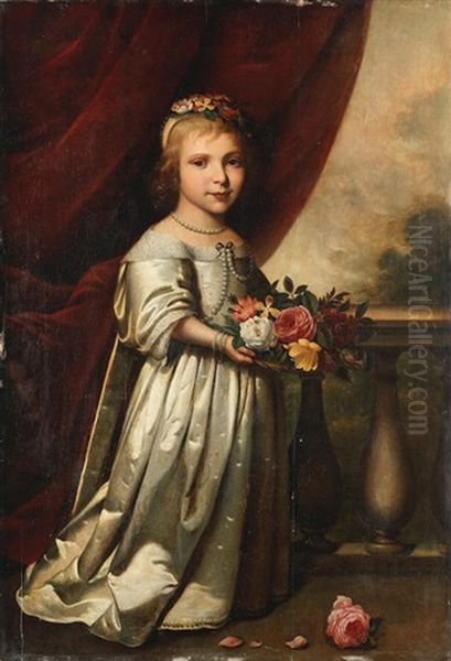 Portrait Of A Girl, Full-length, In A White Dress, Holding A Basket Of Flowers Oil Painting by Wybrand Simonsz de Geest the Elder