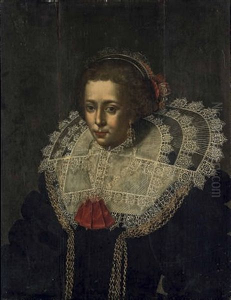 Portrait Of A Lady, Half-length, In A Lace-trimmed Black Dress And Lace Ruff Oil Painting by Wybrand Simonsz de Geest the Elder