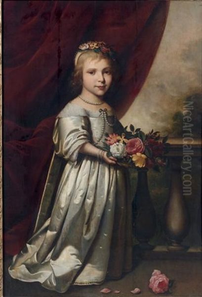 Portrait De Jeune Fille Tenant Une Corbeille De Fleurs Oil Painting by Wybrand Simonsz de Geest the Elder