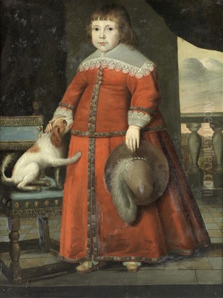 Portrait Of A Boy, Full-length, In Red Costume, Standing Beside A Spaniel On A Terrace Oil Painting by Wybrand Simonsz de Geest the Elder