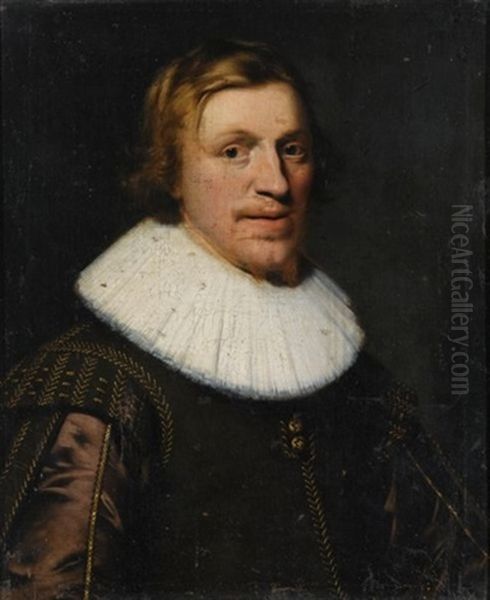 A Portrait Of A Young Gentleman, Bust Length, Wearing A Brown Gold-embroidered Suit With A White Collar Oil Painting by Wybrand Simonsz de Geest the Elder