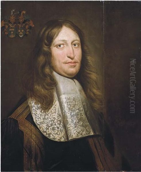 Portrait Of A Man Of The Camstra - Ebbinga Tot Blya Family, In Black Costume And White Jabot Oil Painting by Wybrand Simonsz de Geest the Elder