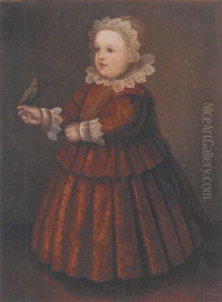 Portrait Of A Young Girl, In An Amber Embroidered Dress And Holding A Parrot On Her Outstretched Hand Oil Painting by Wybrand Simonsz de Geest the Elder