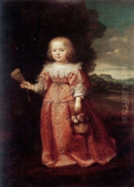 Portrait Of A Young Girl Wearing A Red Dress, Holding A Fan And A Basket Of Flowers Oil Painting by Wybrand Simonsz de Geest the Elder