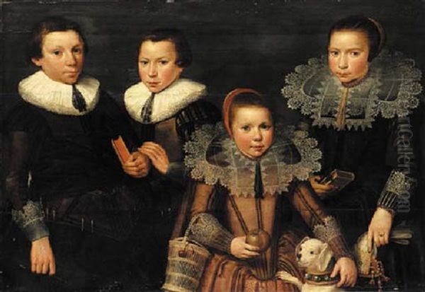 A Family Portrait Of Two Brothers And Two Sisters, The Boys In Brown Doublets And White Ruffs, The Girls In Embroidered Dresses And Lace Collars Oil Painting by Wybrand Simonsz de Geest the Elder