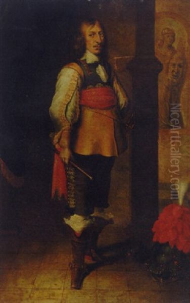 Portrait Of An Officer In A Buff Jerkin, Breast Plate And A Red Embroidered Sash, Holding A Baton Oil Painting by Wybrand Simonsz de Geest the Elder