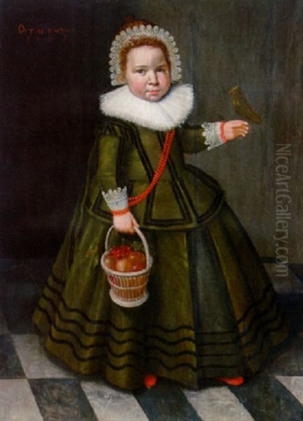 Portrait Of A Young Girl In A Grey Dress With A Ruff And A Lace Headdress, Holding A Basket Of Fruit And A Bird Oil Painting by Wybrand Simonsz de Geest the Elder