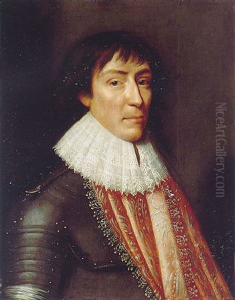 Portrait Of A Gentleman Wearing Armour, A Lace Ruff And An Embroidered Red Cloak Oil Painting by Wybrand Simonsz de Geest the Elder