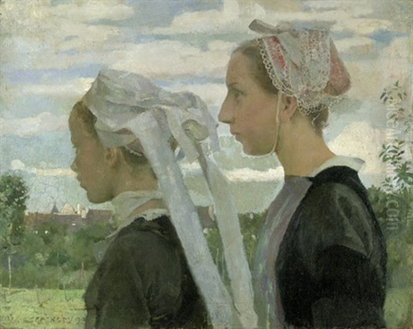 Bildnis Zweier Madchen Aus Dem Alten Land Mit Haartracht Im Profil Oil Painting by Walter Geffcken