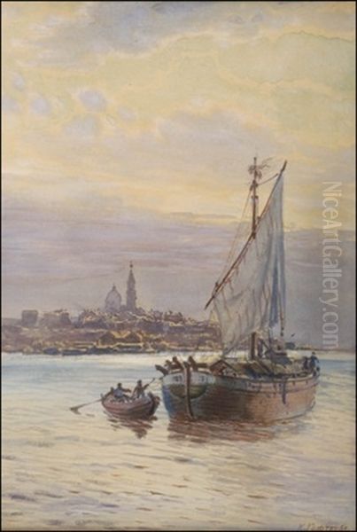 Laivaa Lastataan Aamun Sarastaessa (loading A Ship At Dawn) Oil Painting by Karl Eduardovich Geftler