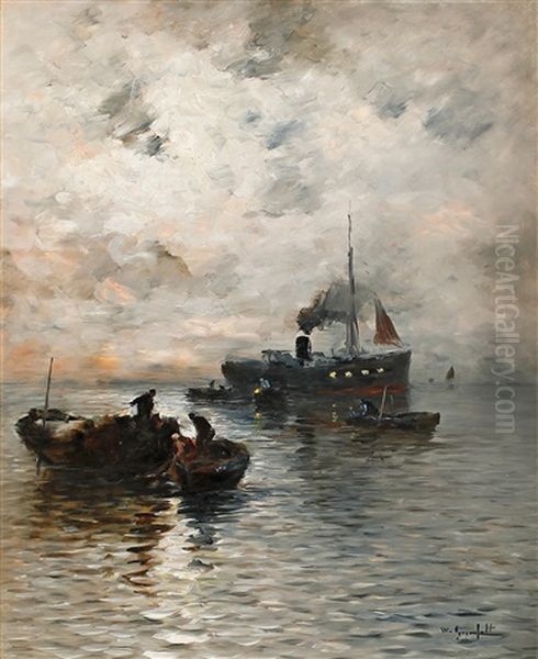 Ships At Dusk Oil Painting by Wilhelm von Gegerfelt