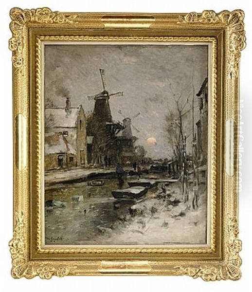 Hollandskt Vinterlandskap I Aftonrodnad Oil Painting by Wilhelm von Gegerfelt