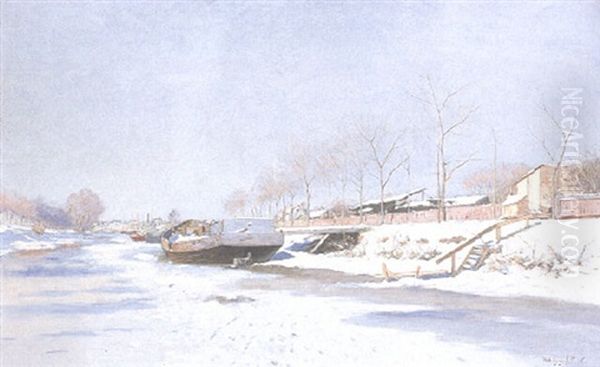 Soligt Vinterlandskap Med Pramar Pa Kanal Oil Painting by Wilhelm von Gegerfelt