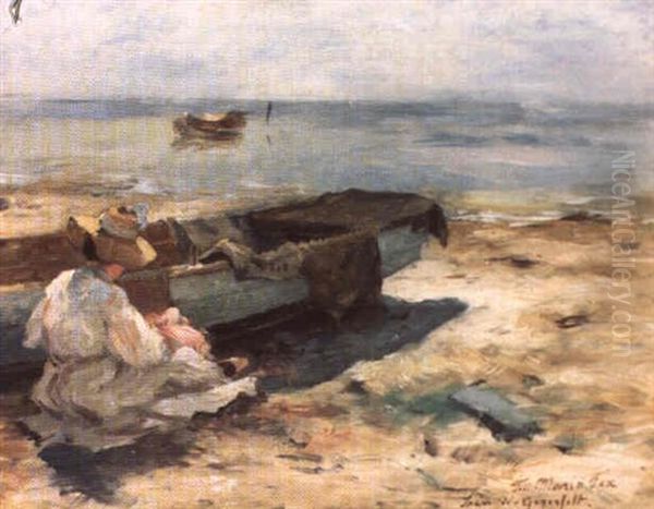 Strandmotiv Med Konstnarens Blivande Hustru, Maria Fex,     Sittande Vid Bat by Wilhelm von Gegerfelt