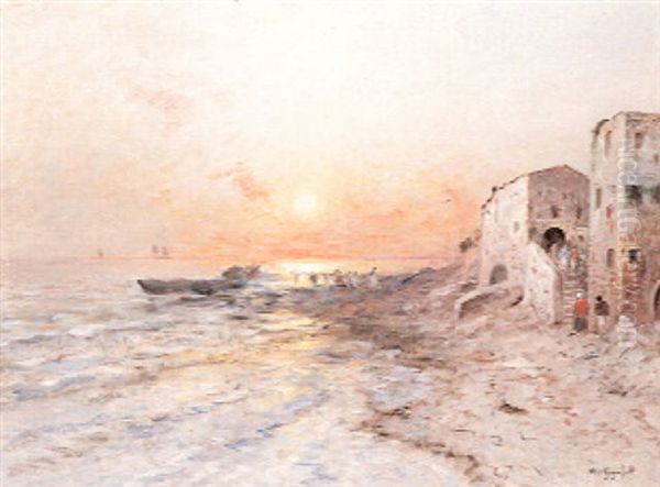 A Village By The Sea At Sunset Oil Painting by Wilhelm von Gegerfelt