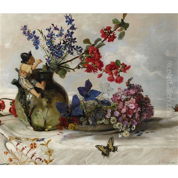 Stillleben Mit Blumen, Schmetterlingen Und Jugendstilvase Oil Painting by Eduard Gehbe