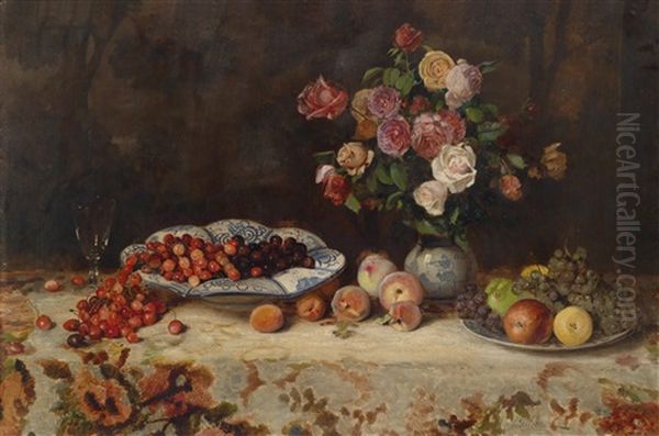 Stillleben Mit Kirschen Und Rosen Oil Painting by Eduard Gehbe