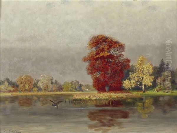 Herbstlandschaft Mit Weiher Und Auffliegender Ente Oil Painting by Eduard Gehbe