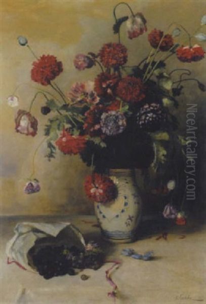 Blumenstillleben Mit Weintrauben Oil Painting by Eduard Gehbe