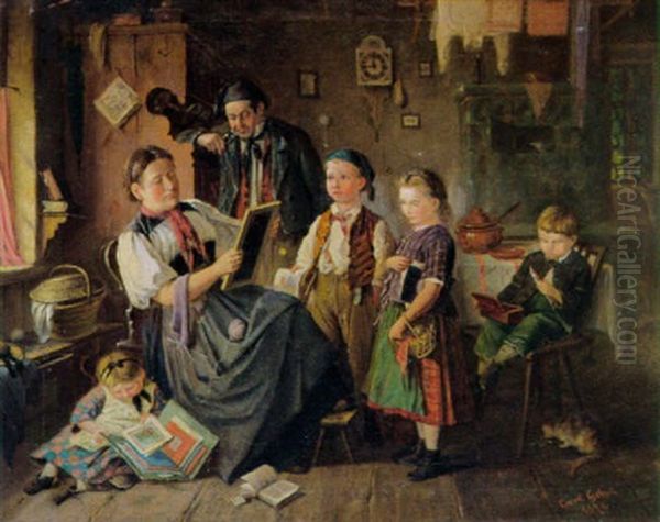 Die Mutter Bei Der Kontrolle Der Schulaufgaben Oil Painting by Karl Gehri