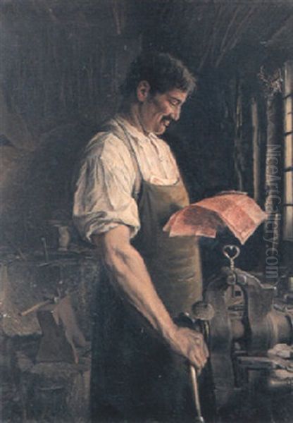 Schlosser In Seiner Werkstatt Beim Lesen Eines Briefes Oil Painting by Karl Gehri