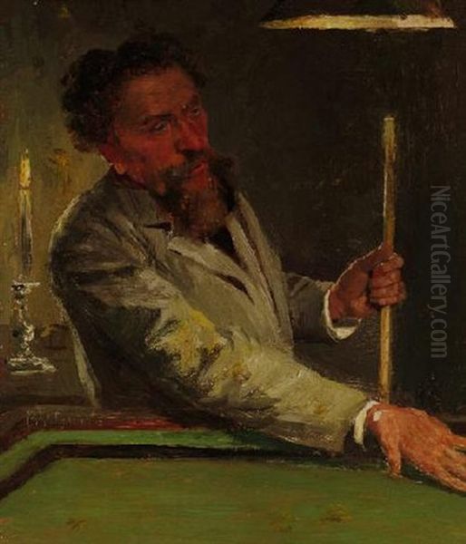 Portrat Des Entenmalers Carl Jutz Am Billiardtisch Oil Painting by Johannes Gehrts